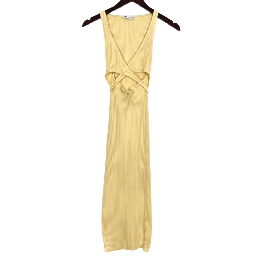 Zara Butter Yellow Bodycon Cut Out‎ Midi Dress M - Picture 4 of 11